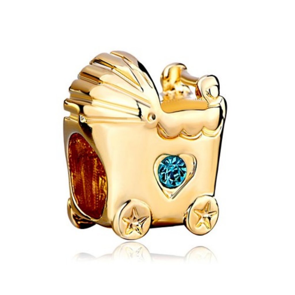 Free S/H Baby Buggy Mom Gold Plated & Blue Crystal Bracelet Charm - Fits Pandora
